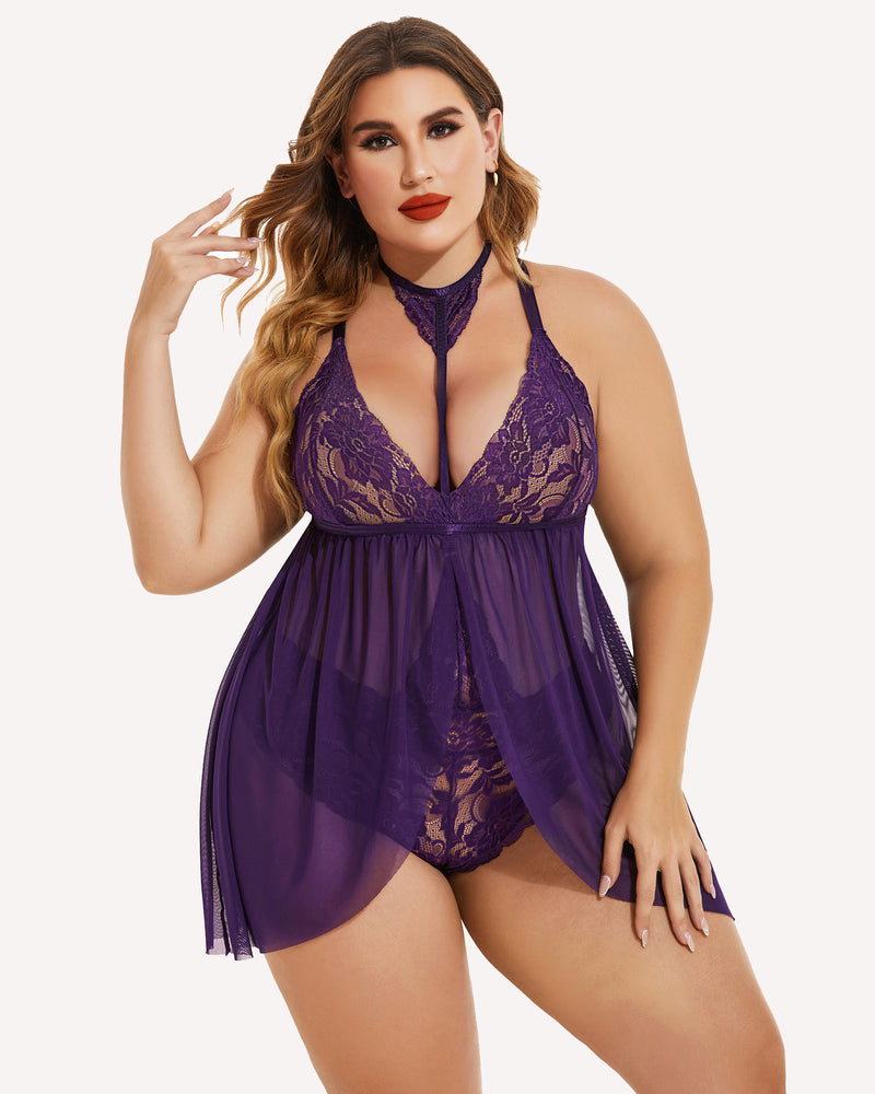 Plus Size Purple Lace Babydoll Lingerie with Choker; Mesh Overlay. Sexy Sleepwear