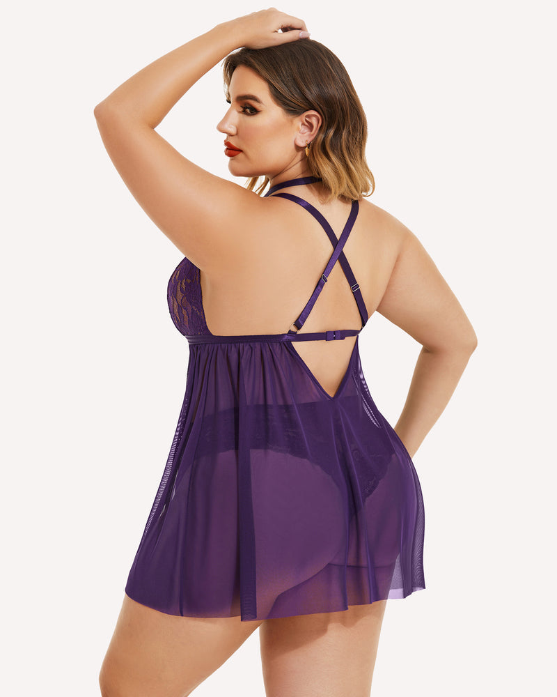 Plus Size Purple Lace Babydoll with Choker - Sexy Lingerie