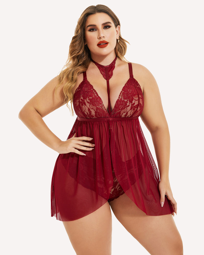 Plus size red lace babydoll lingerie with mesh overlay and choker. Sexy sleepwear for women.