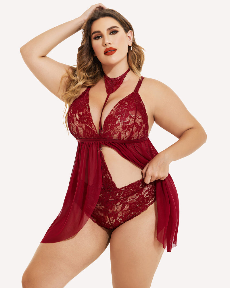 Plus Size Red Lace Babydoll Lingerie with Choker and Mesh Overlay - Sexy Sleepwear