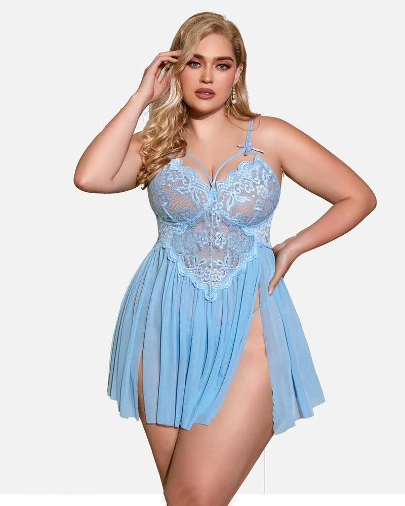 Plus Size Blue Babydoll Lingerie with Lace Details and Side Slit