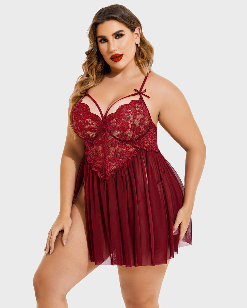 Plus Size Burgundy V Neck Mesh Babydoll Lingerie Set with Lace Details