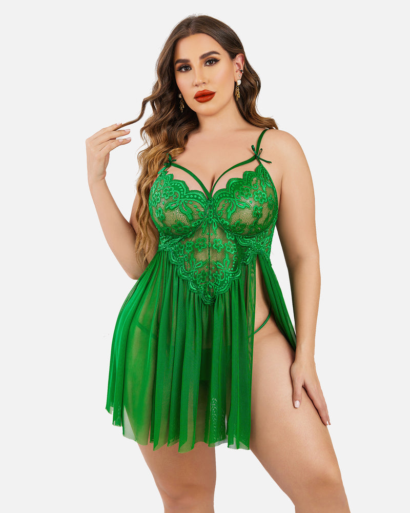 Plus size green babydoll lingerie with lace detail, mesh side slit, and adjustable straps
