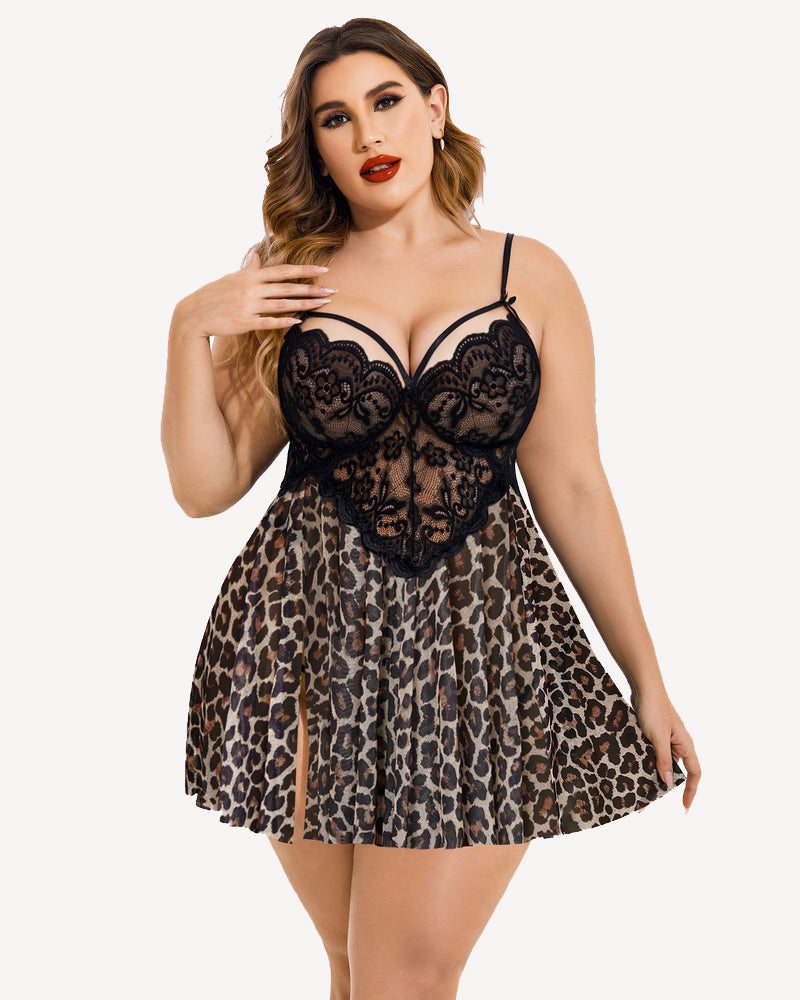 Plus size leopard print babydoll lingerie with black lace bust, high slit and adjustable straps