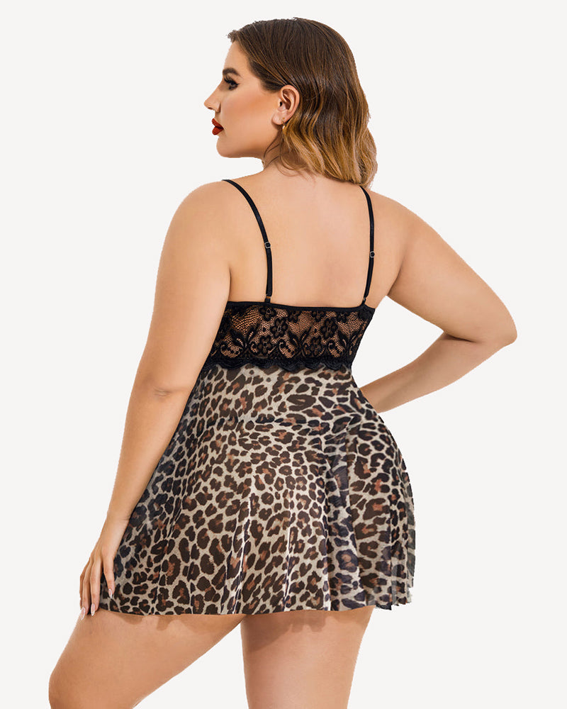 Plus Size Leopard Print Nightdress with Lace Top and Side Slit, Sexy Lingerie