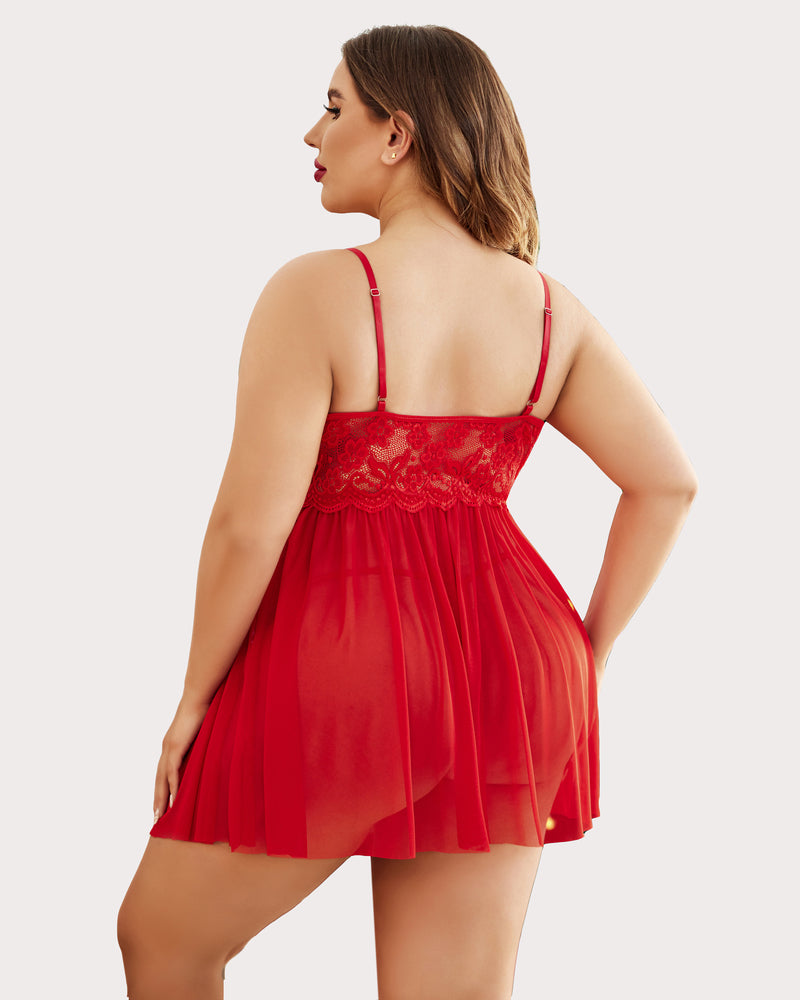 Plus size red lace babydoll lingerie with high slit, adjustable straps and scalloped trim