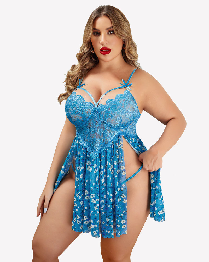 Plus Size Blue Floral Lace Nightdress with High Slit and Matching Thong