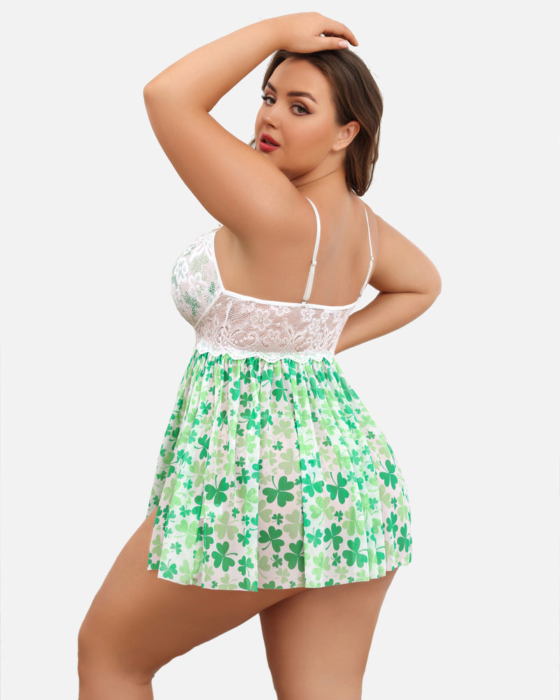 Plus size clover print nightdress with lace detailing and adjustable straps