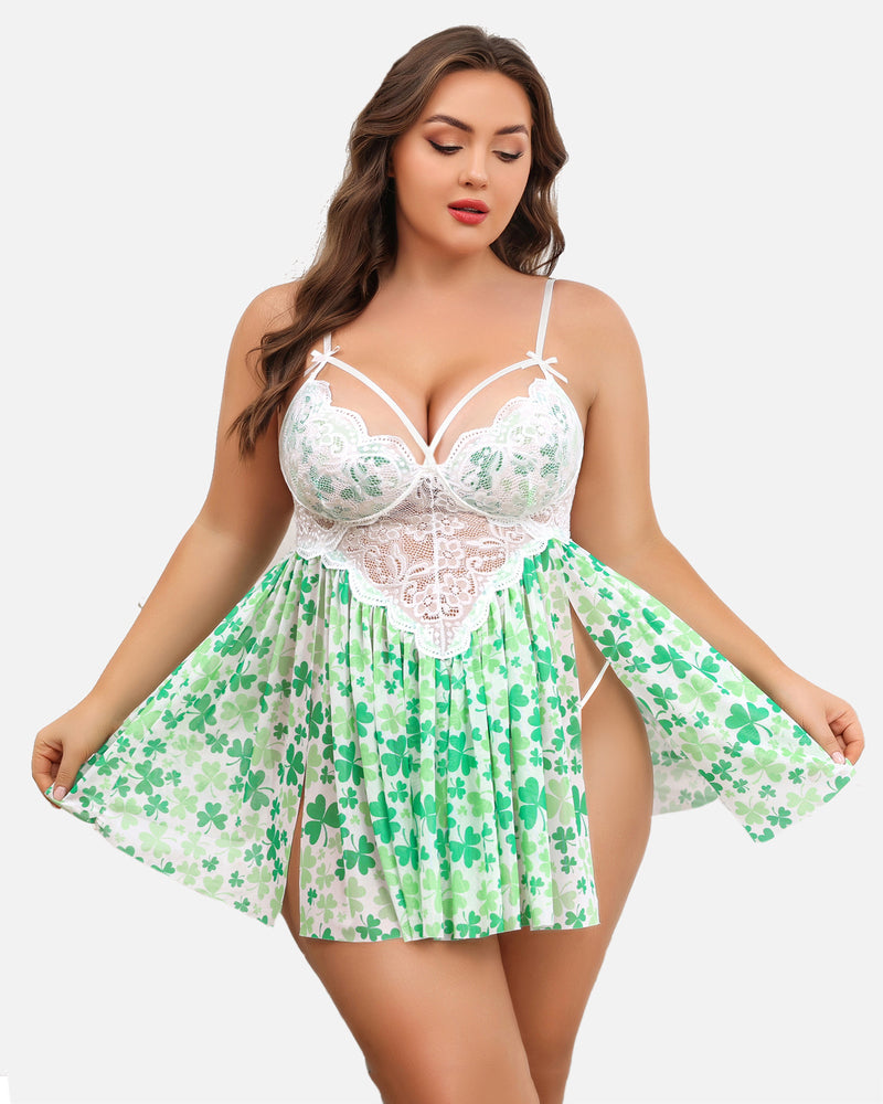 plus size lace floral print babydoll side slit nightdress