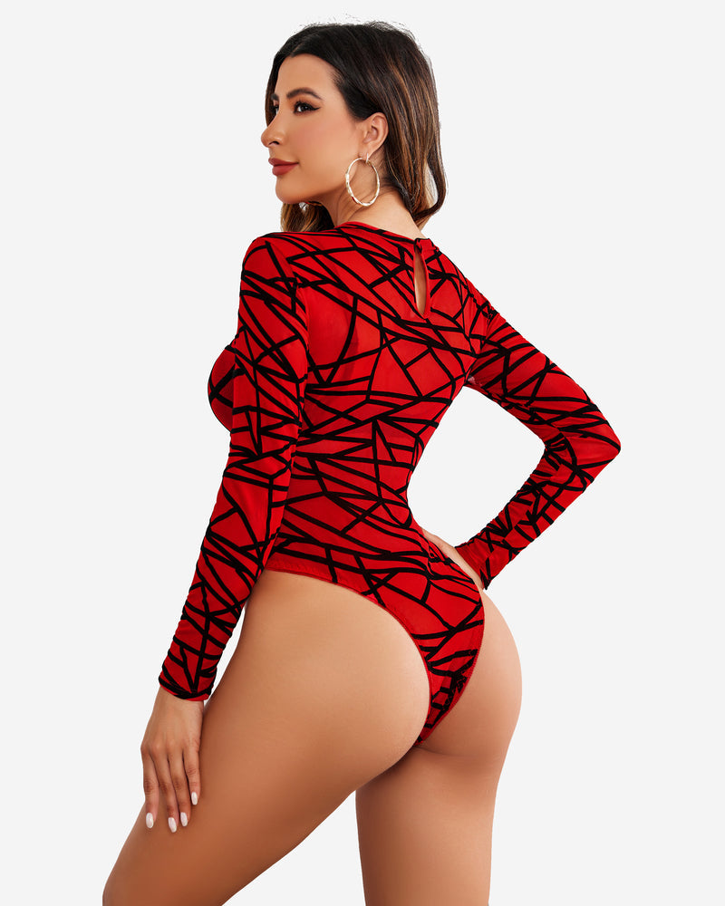 Red geometric mesh long sleeve bodysuit. Sexy and confident lingerie by Avidlove.