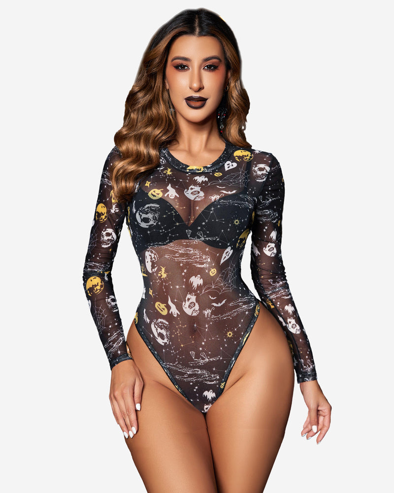 Black mesh long sleeve bodysuit with Halloween ghost print, perfect for confident, sexy women.