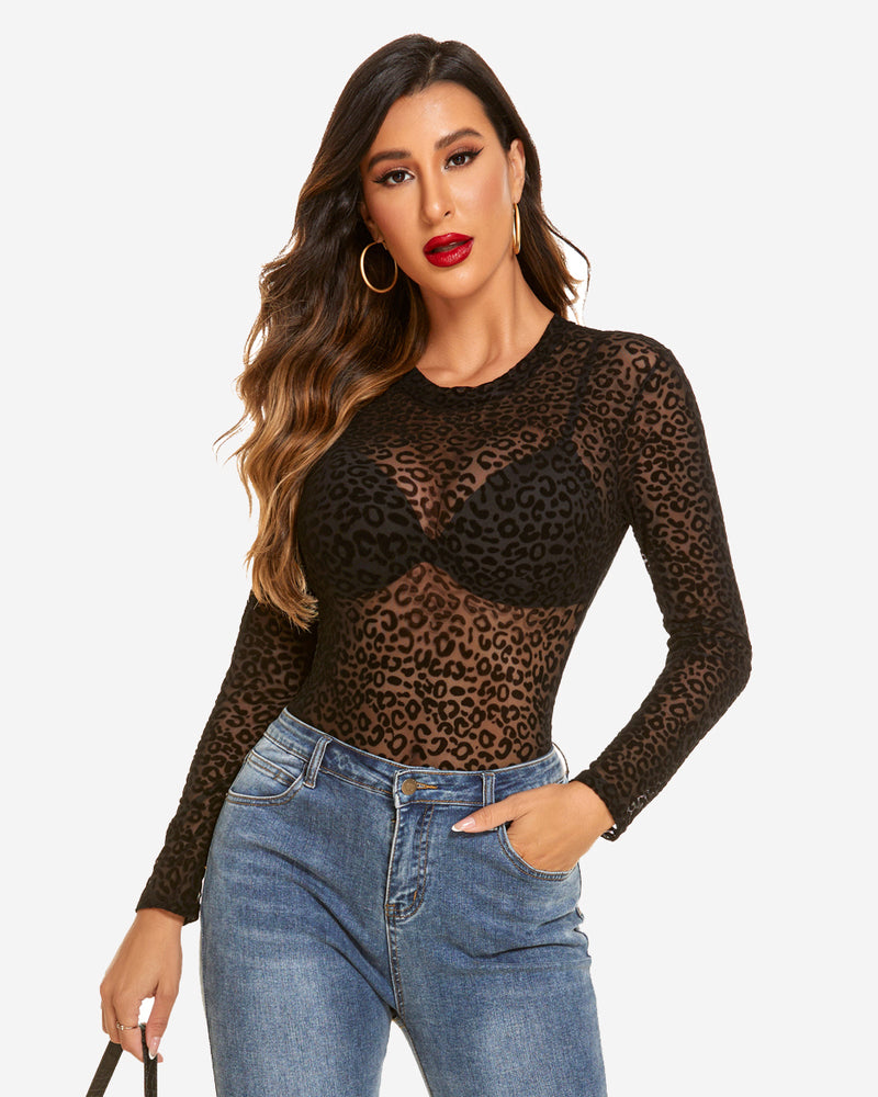 Black leopard print mesh long sleeve bodysuit, sexy lingerie for women.