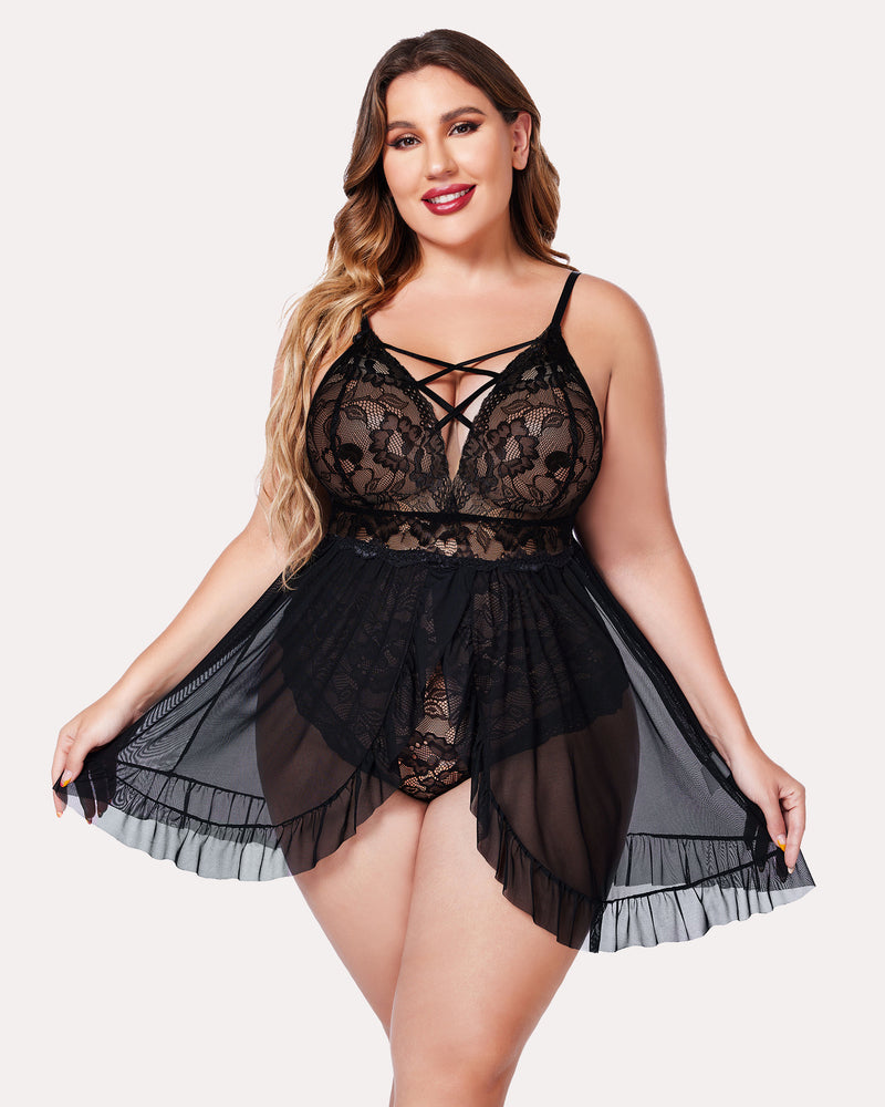 Plus Size Black Lace Babydoll Lingerie with Snap Crotch