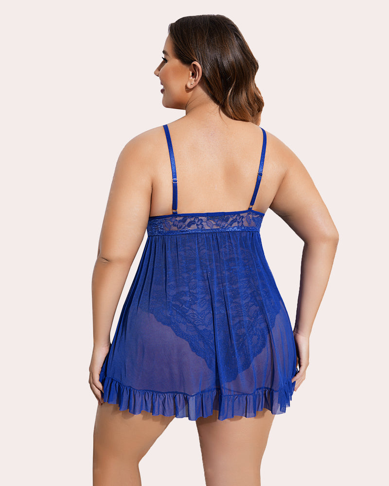 Plus size blue babydoll lingerie with lace and mesh overlay, featuring ruffle hemline