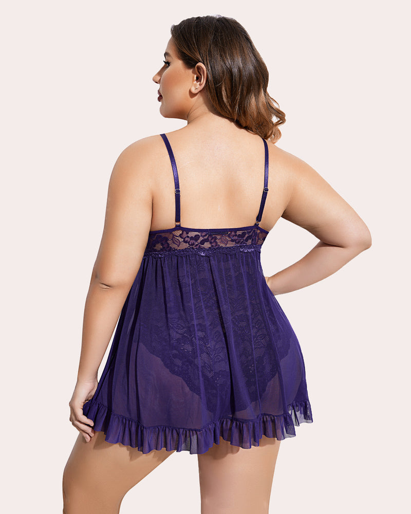 Plus Size Purple Babydoll Lingerie with Lace and Mesh Overlay and Ruffle Hem