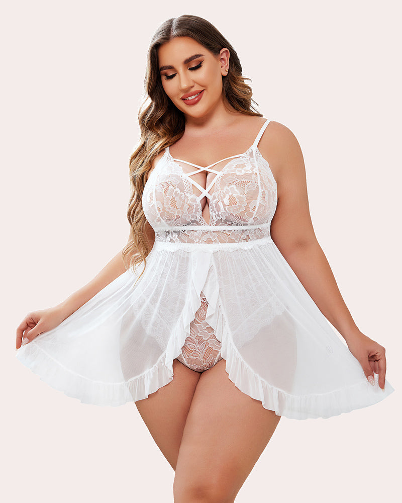 Plus Size White Lace Babydoll Lingerie, adjustable straps, mesh skirt and snap crotch