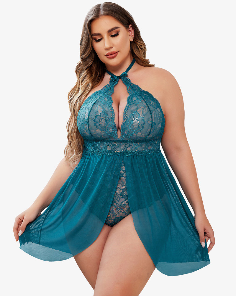 Teal plus size lace babydoll with halter neck, mesh skirt, snap crotch for confident women.
