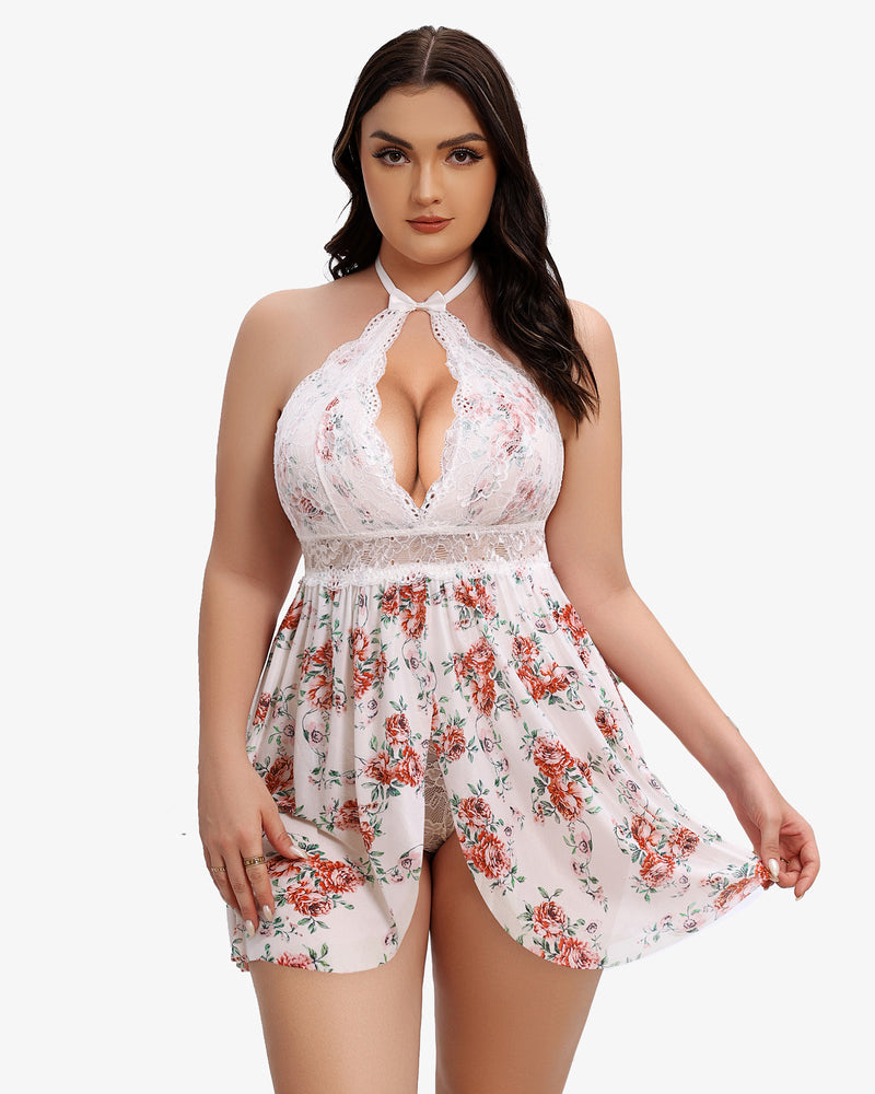 Plus Size Floral Halter Neck Babydoll Lingerie with Snap Crotch. Sexy design