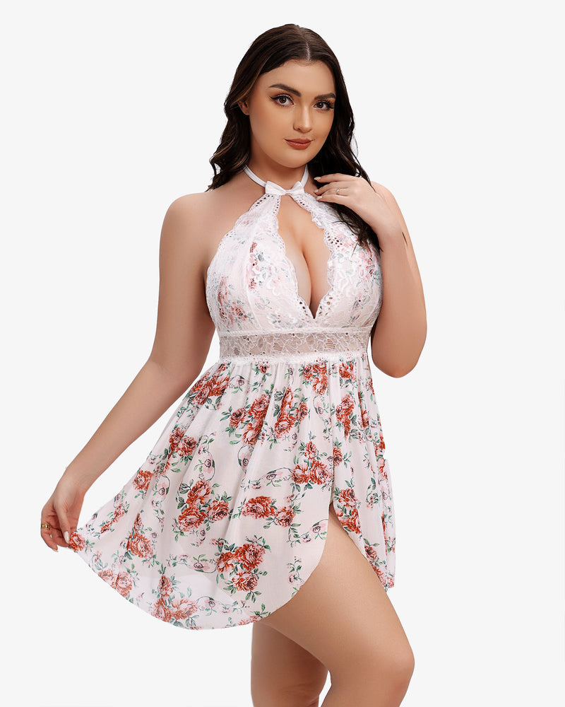 Plus Size Floral Babydoll Lingerie with Halter Neck and Snap Crotch, Sexy Design