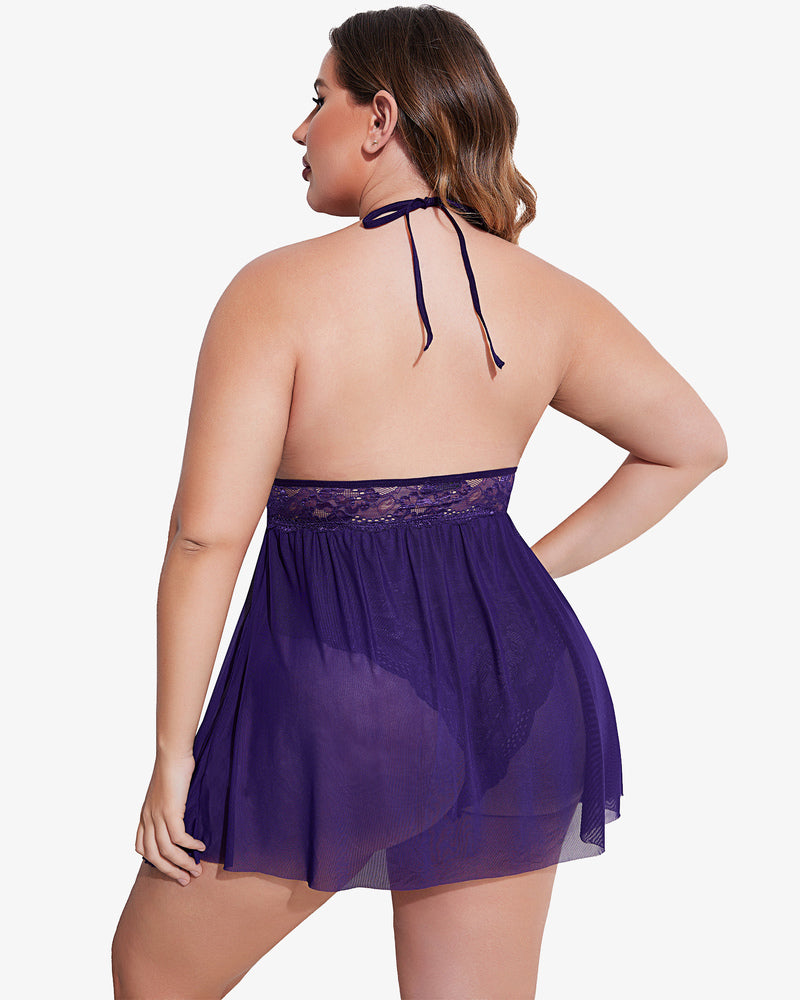 Plus size purple babydoll lingerie with halter neck and mesh design