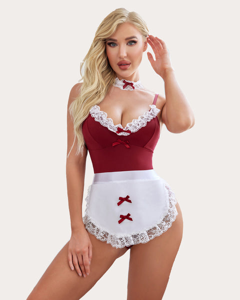 Maid Costume Set Teddy and Apron with Choker