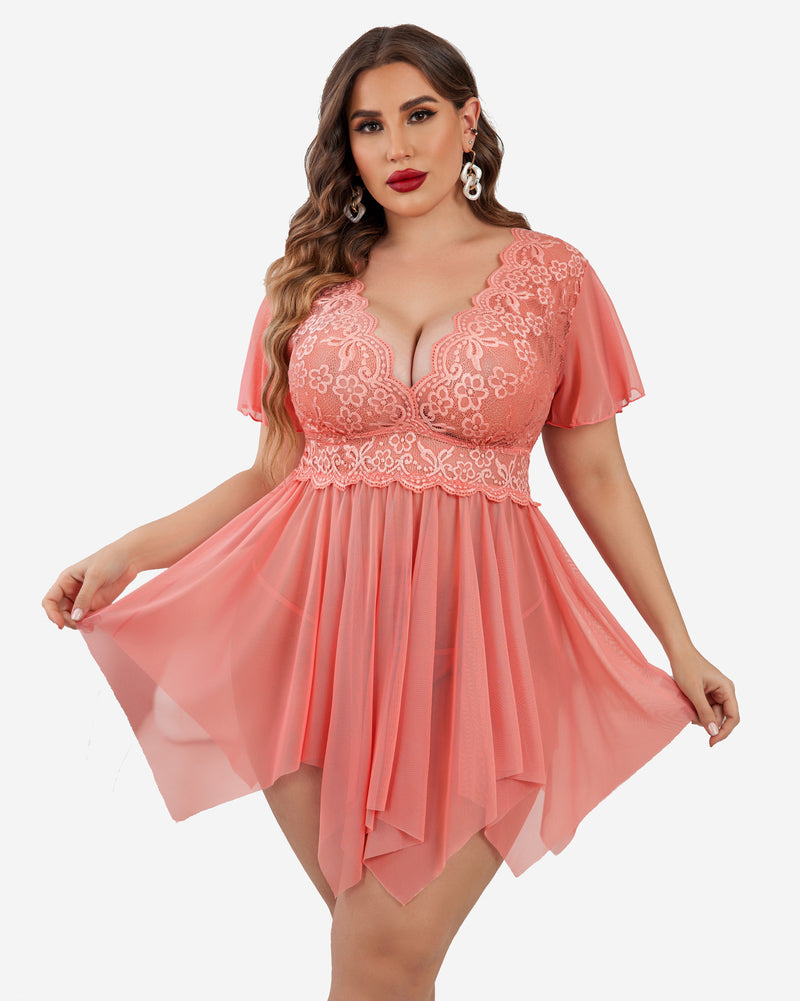 Plus Size Coral Babydoll Lingerie with Floral Lace, Deep V-Neck, Asymmetrical Hem