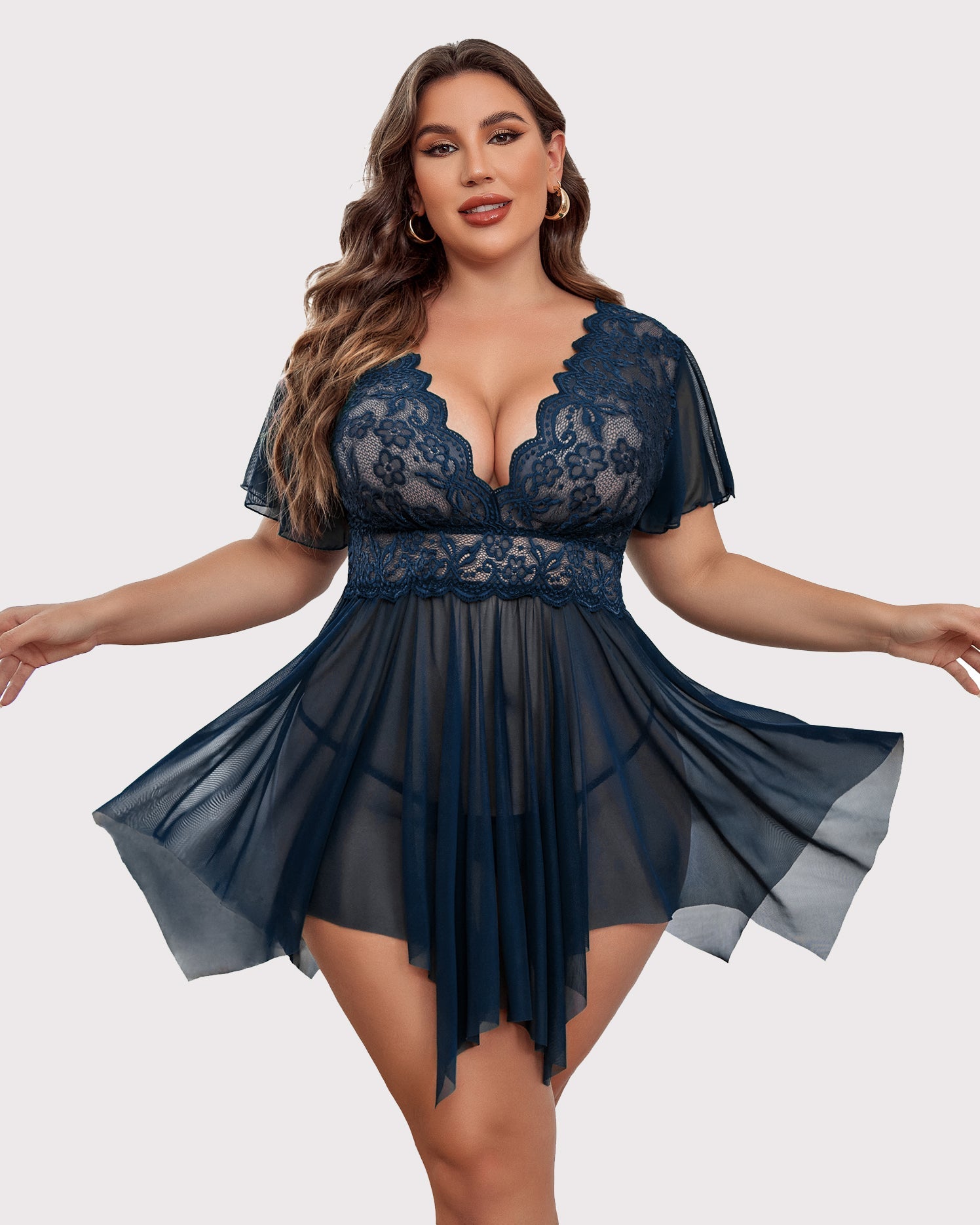 Plus Size Navy Babydoll Lingerie with Floral Lace, Deep V-Neck and Asymmetrical Hem