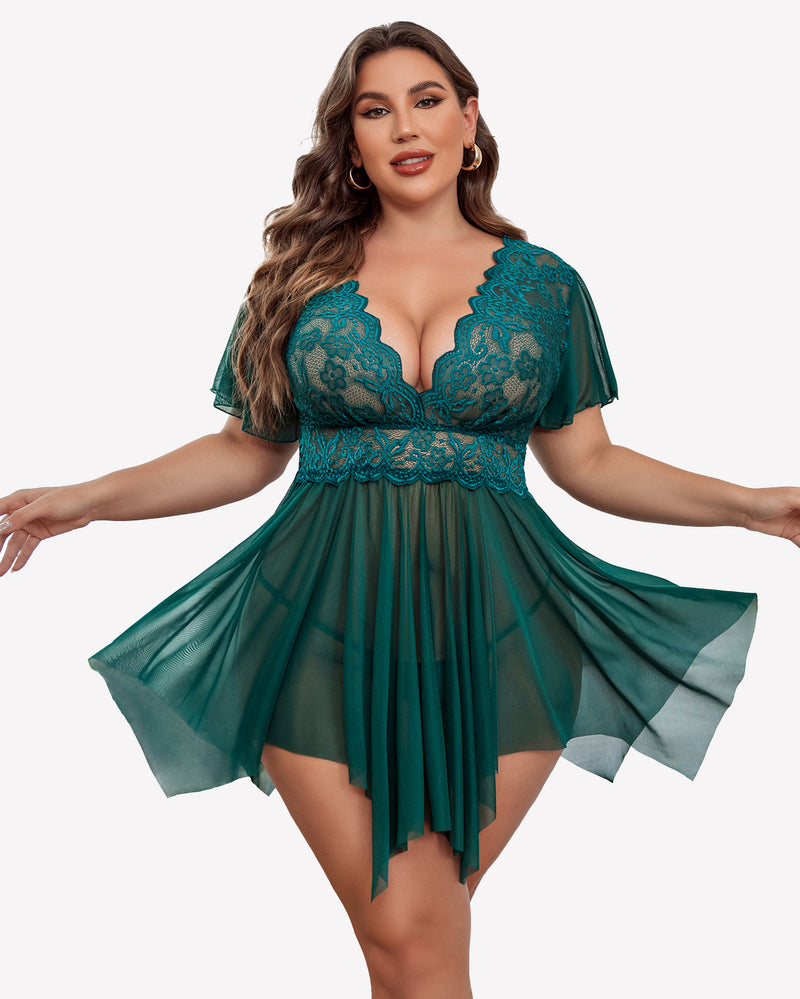 Plus Size Teal Babydoll Lingerie with Floral Lace, Deep V-Neck and Asymmetrical Hem