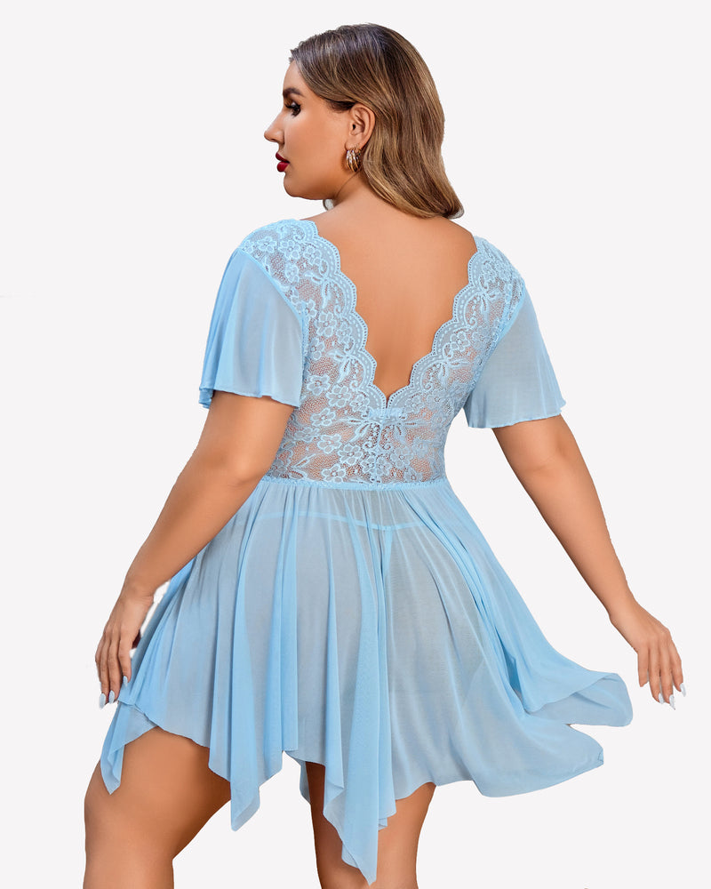 Plus Size Light Blue Babydoll Lingerie with Floral Lace, Deep V-Neck, and Asymmetrical Hem.