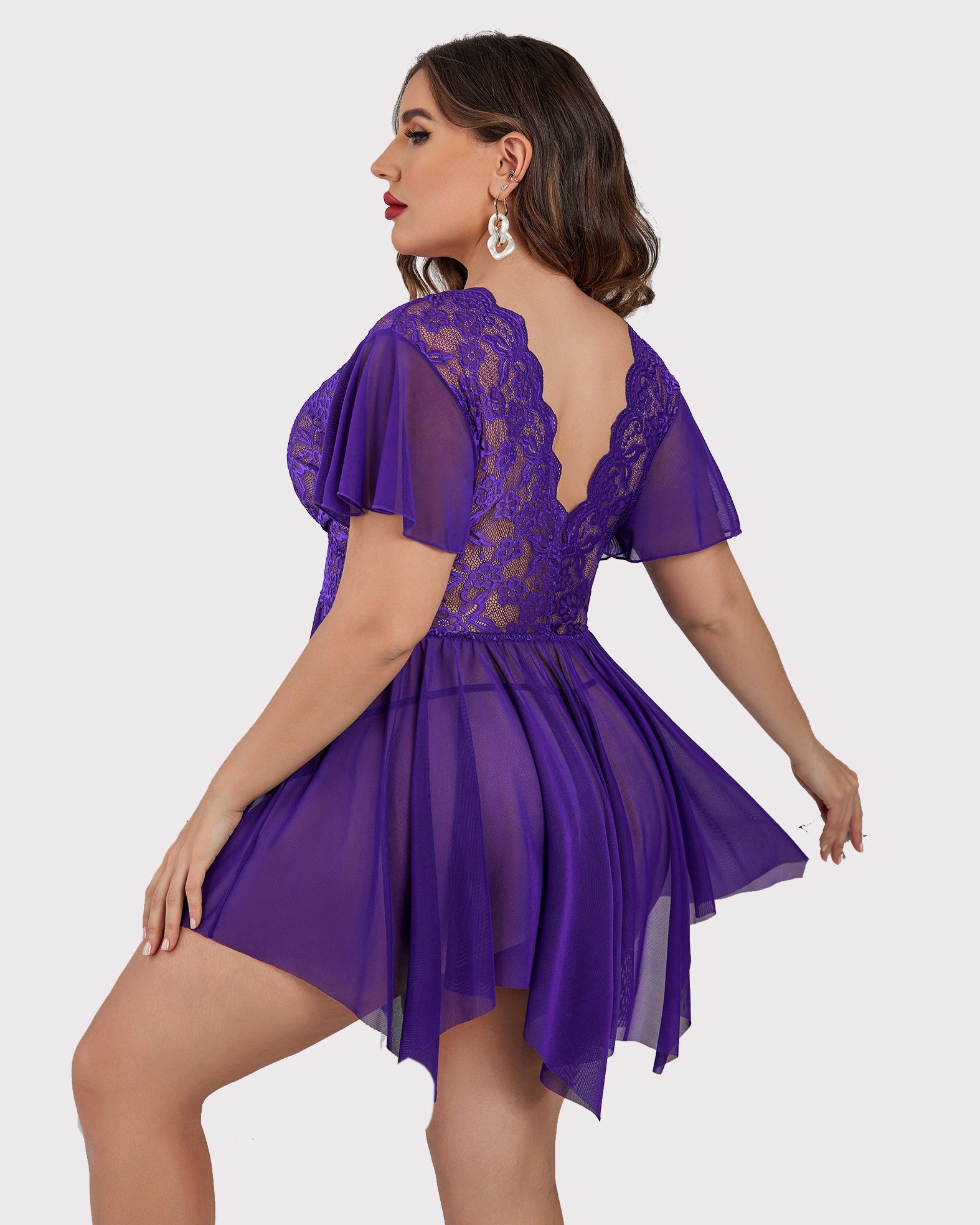 Plus Size Purple Babydoll Lingerie with Floral Lace, Deep V-Neck, and Asymmetrical Hem