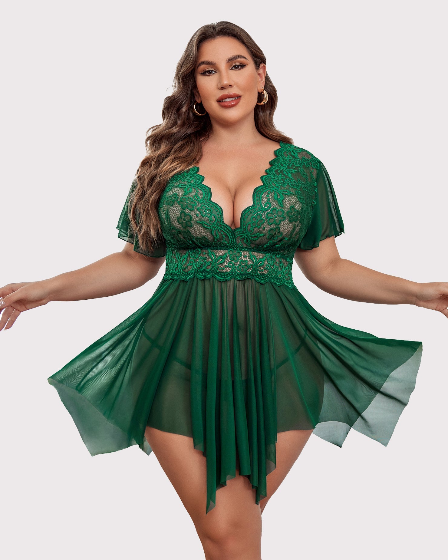 Plus Size Emerald Green Babydoll Lingerie with Lace and Asymmetrical Hem
