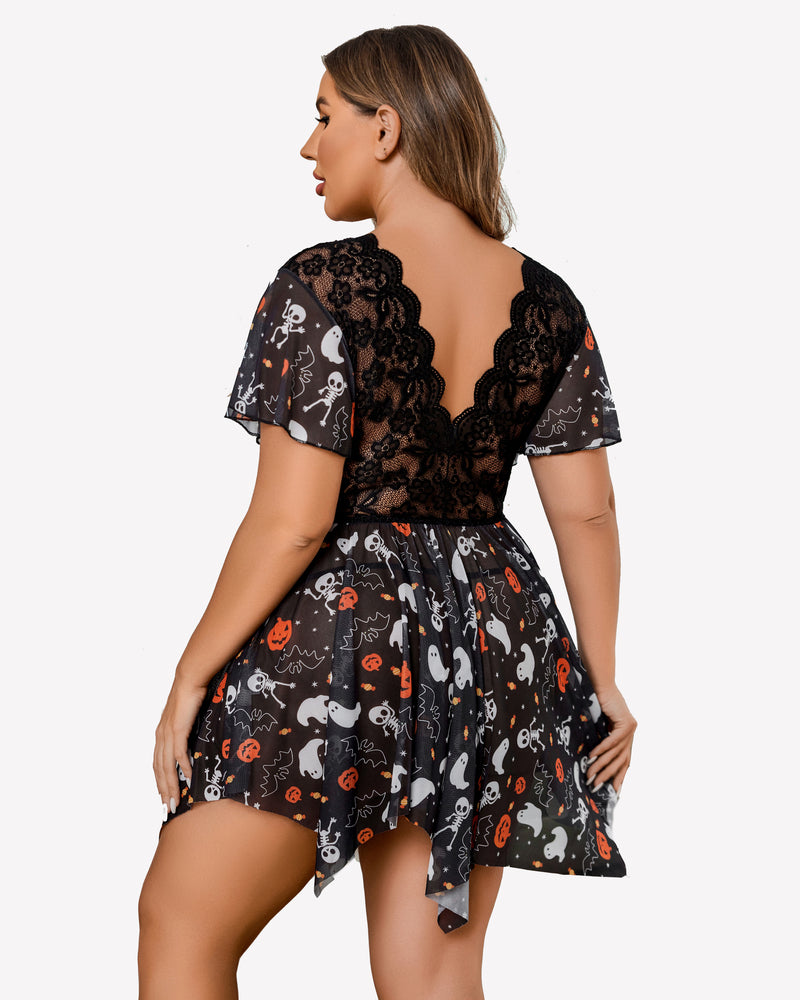 Plus Size Halloween Babydoll Lingerie, Floral Lace, Asymmetrical Hem