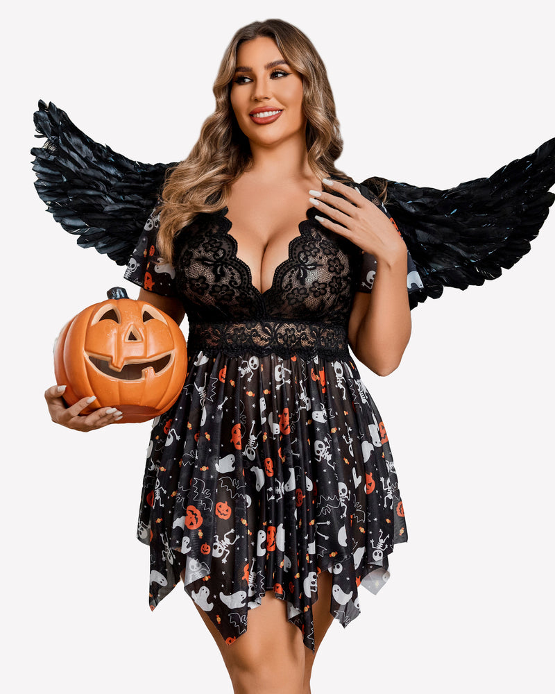 Plus Size Halloween Babydoll Lingerie with Floral Lace, Deep V-Neck, Asymmetrical Hem, Angel Wings