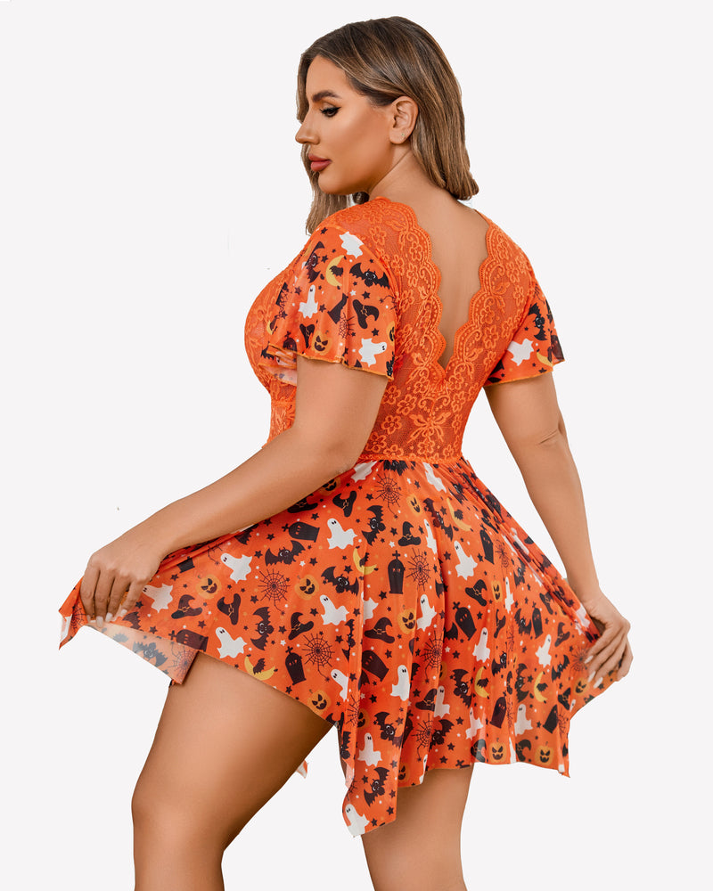 Plus Size Halloween Babydoll Lingerie with Floral Lace, Deep V-Neck and Asymmetrical Hem