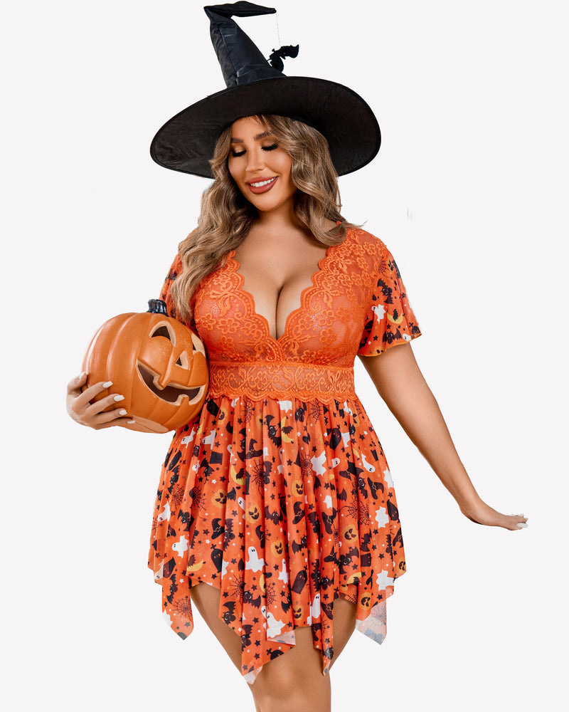 Plus Size Halloween Lingerie: Orange Lace Babydoll, Witch Hat, Pumpkin, Asymmetrical Hem