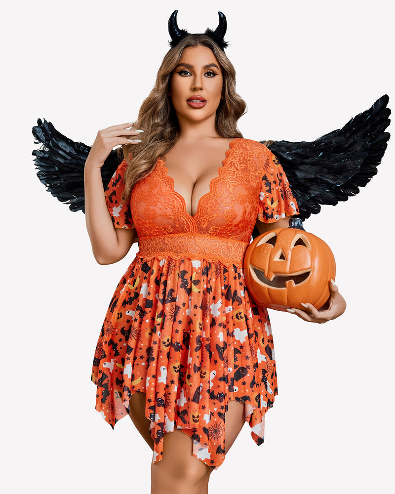 Plus Size Halloween Babydoll Lingerie with Orange Lace, Devil Horns, Angel Wings, and Pumpkin