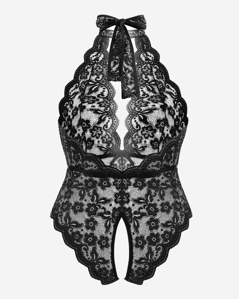 Plus Size Black Lace Halter Teddy - Backless, Crotchless Design