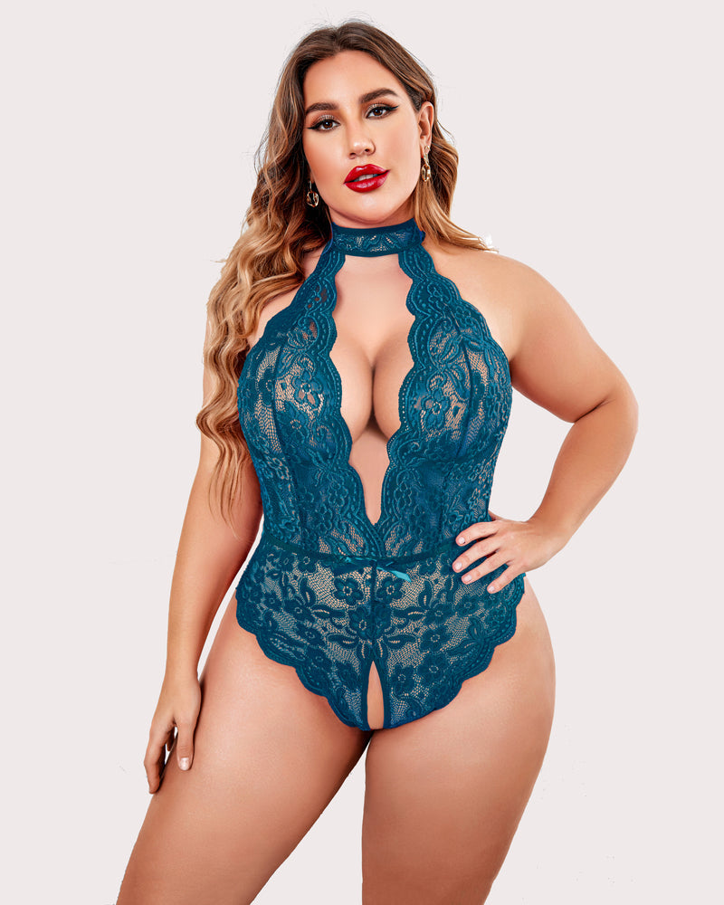 White plus size lace bodysuit with plunging neckline and halter neck design.