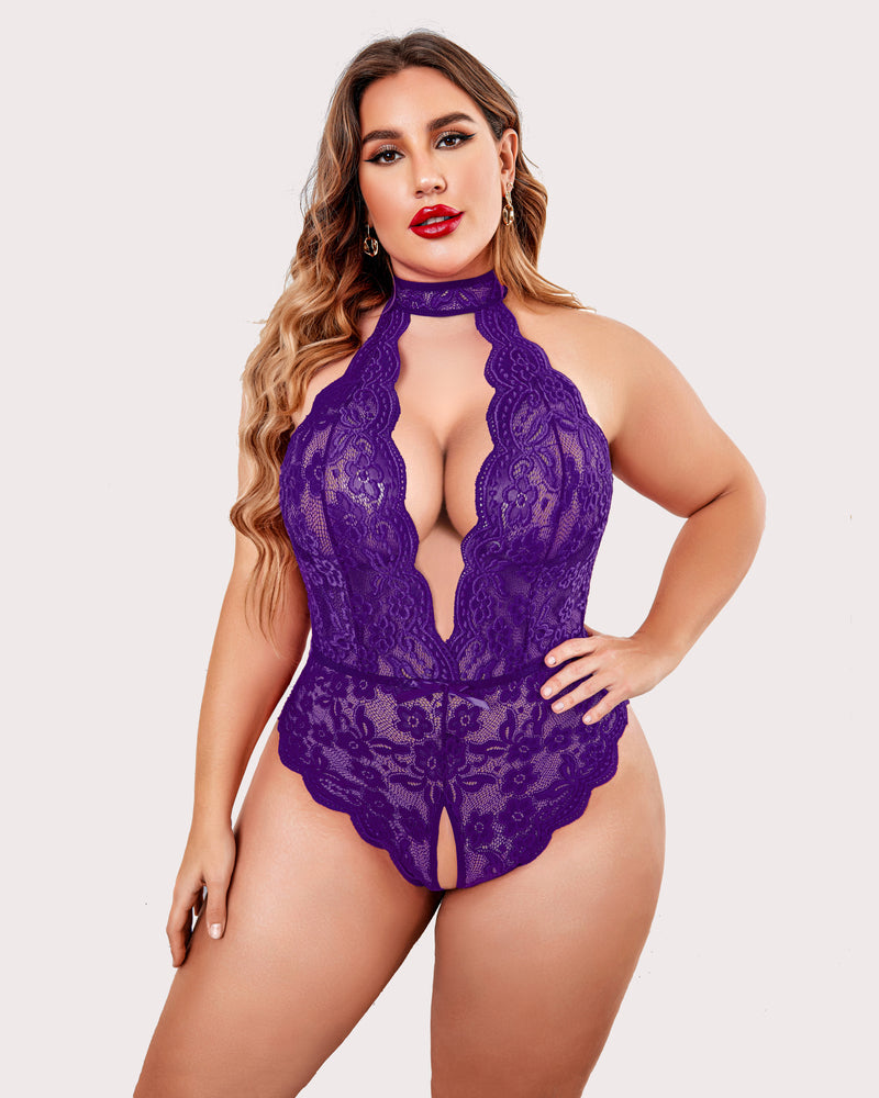 Purple lace halter teddy bodysuit for plus size, backless and crotchless lingerie
