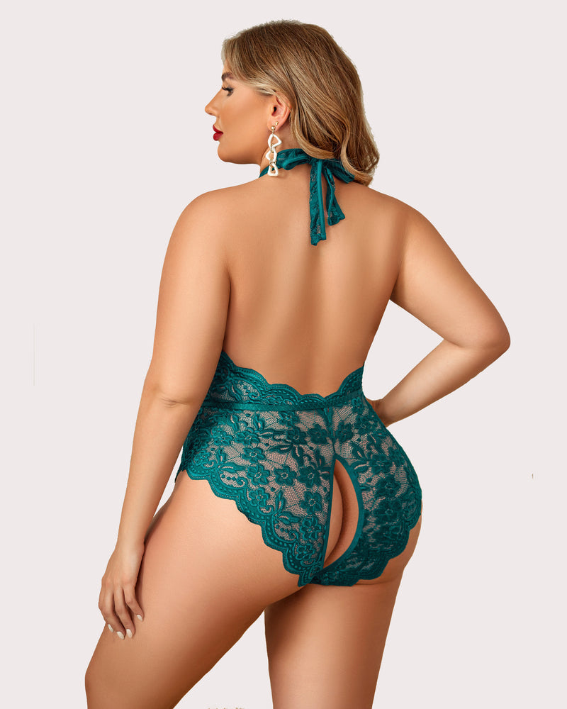Teal plus size lace bodysuit, halter neck, backless design, crotchless bottom. Sensual lingerie.