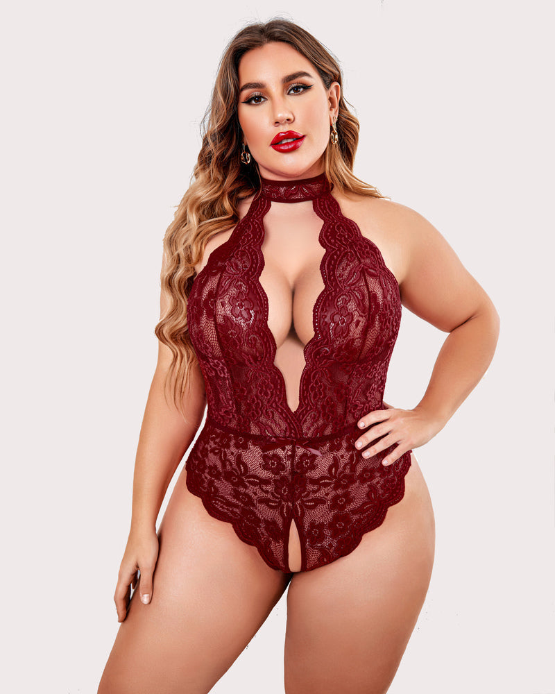 Plus Size Lace Bodysuit Halter Teddy Avidlove 