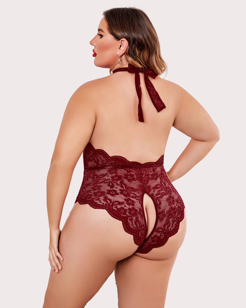 Plus Size Burgundy Lace Bodysuit with Halter Neck and Crotchless Design