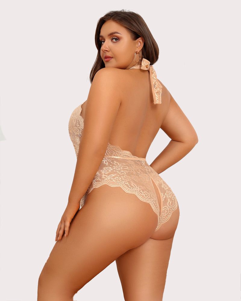 Plus Size Beige Lace Bodysuit, Halter Neck, Backless, Crotchless Design, Sensual Lingerie