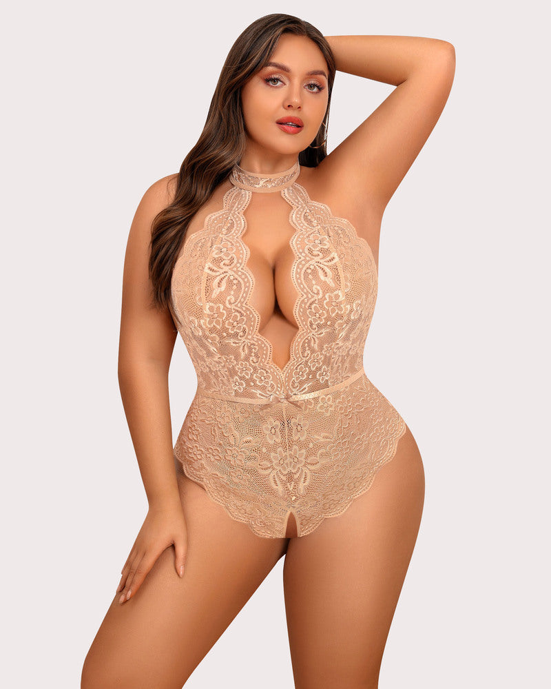 Plus Size Nude Lace Bodysuit with Halter Neck and Crotchless Design