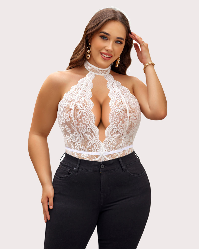 Plus size white lace halter teddy with open back design. Sexy lingerie.