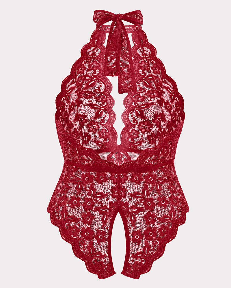 Plus Size Red Lace Bodysuit with Halter Neck and Open Crotch, sensual lingerie