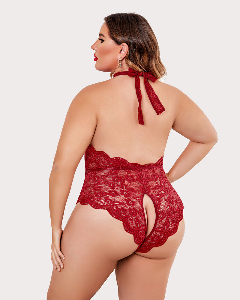 Red lace plus size bodysuit, halter neck, backless design, open crotch. Sensual lingerie.