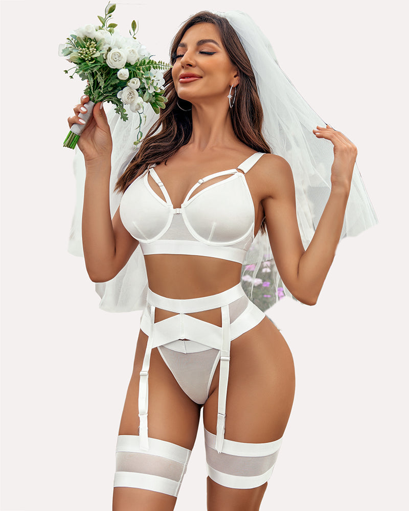 Bridal white Avidlove lingerie set, push-up bra, garter, and thigh highs, boosting confidence.