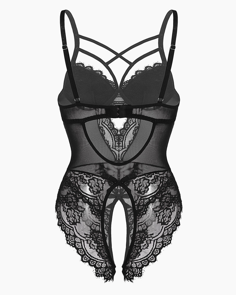 Black floral lace harness bodysuit with cut-out and open crotch details, sexy lingerie for women