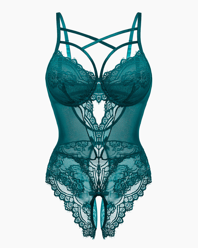 Teal floral lace harness bodysuit with open crotch, criss-cross straps, sexy lingerie by Avidlove